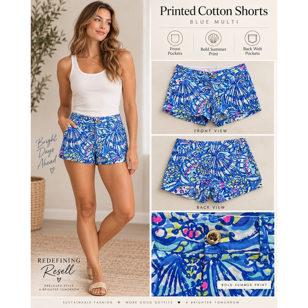 Lilly Pulitzer Walsh Shorts Blue Multi Bold Summer Print Cotton Size 00